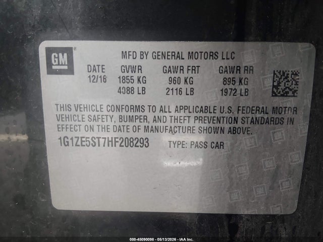 45090098 :رقم المزاد ، 1G1ZE5ST7HF208293 vin ، 2017 Chevrolet Malibu 1lt مزاد بيع