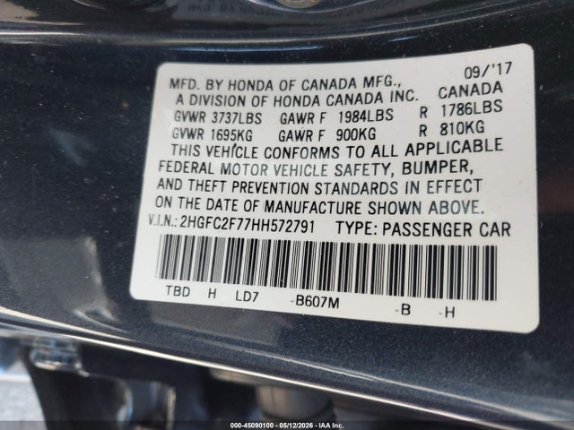 2017 Honda Civic Ex მანქანა იყიდება აუქციონზე, vin: 2HGFC2F77HH572791, აუქციონის ნომერი: 45090100