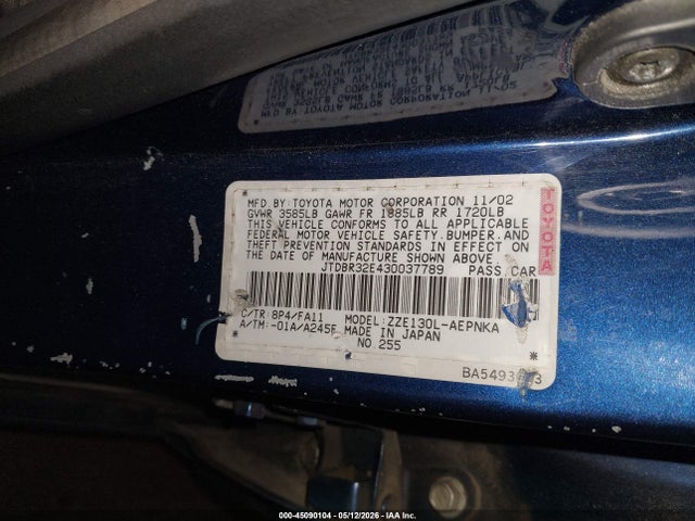 Aukcja sprzedaży 2003 Toyota Corolla Le, vin: JTDBR32E430037789, numer aukcji: 45090104