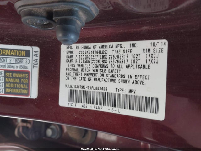 Aukcja sprzedaży 2015 Honda Cr-v Ex, vin: 5J6RM3H5XFL003406, numer aukcji: 45090116