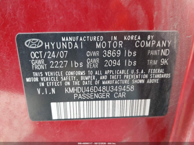 2008 Hyundai Elantra Gls/se მანქანა იყიდება აუქციონზე, vin: KMHDU46D48U349458, აუქციონის ნომერი: 45090117