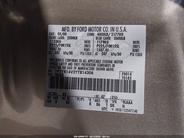 Aukcja sprzedaży 2000 Ford Ranger Xl/xlt, vin: 1FTYR14V2YTB14306, numer aukcji: 45090123