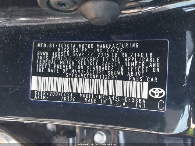 45090134 :رقم المزاد ، 5YFS4MCEXNP113091 vin ، 2022 Toyota Corolla Se Apex Edition مزاد بيع