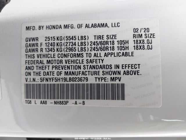 Honda Pilot 2wd Lx 2020 5FNYF5H19LB023679 Image 9