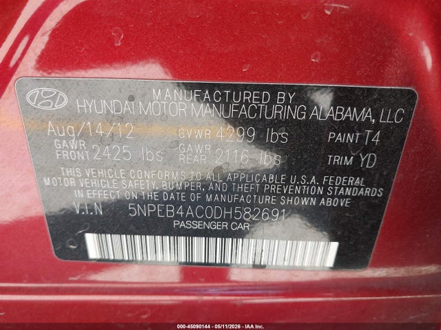 Продаж на аукціоні авто 2013 Hyundai Sonata Gls, vin: 5NPEB4AC0DH582691, номер лоту: 45090144