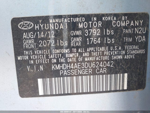 Aukcja sprzedaży 2013 Hyundai Elantra Gls, vin: KMHDH4AE3DU624042, numer aukcji: 45090147
