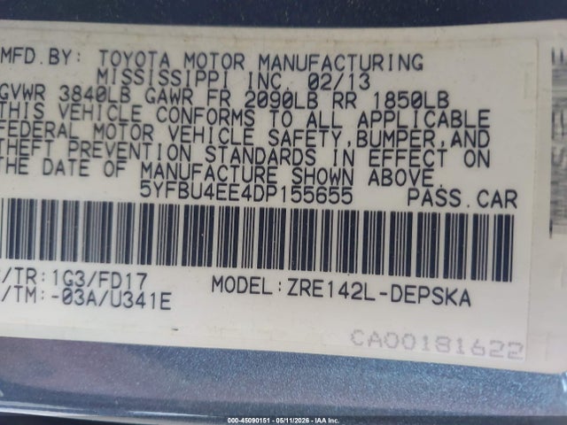 2013 Toyota Corolla S მანქანა იყიდება აუქციონზე, vin: 5YFBU4EE4DP155655, აუქციონის ნომერი: 45090151