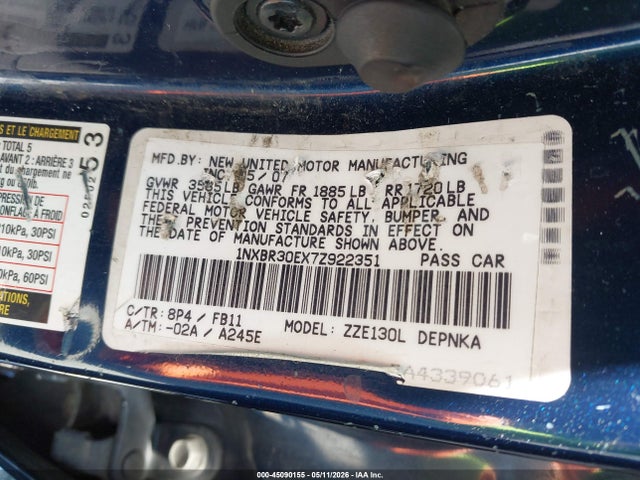 Продаж на аукціоні авто 2007 Toyota Corolla Le, vin: 1NXBR30EX7Z922351, номер лоту: 45090155