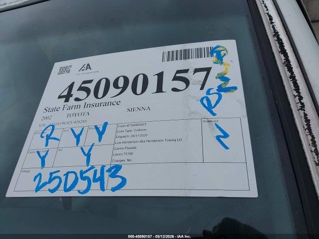 45090157 :رقم المزاد ، 4T3ZF19C02U426245 vin ، 2002 Toyota Sienna Ce مزاد بيع