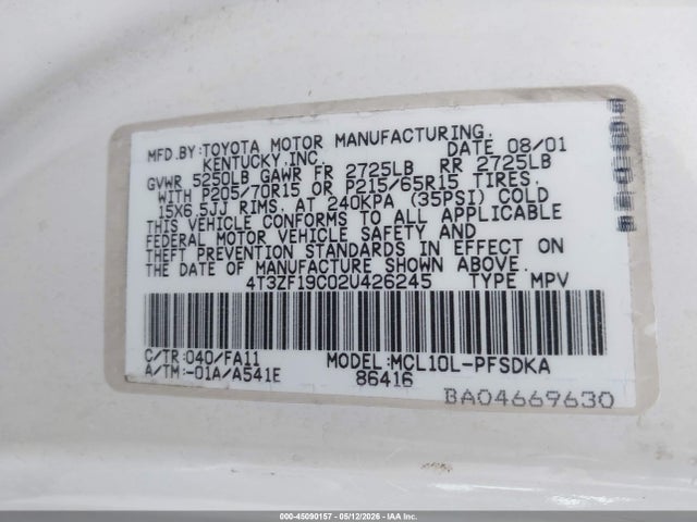 45090157 :رقم المزاد ، 4T3ZF19C02U426245 vin ، 2002 Toyota Sienna Ce مزاد بيع