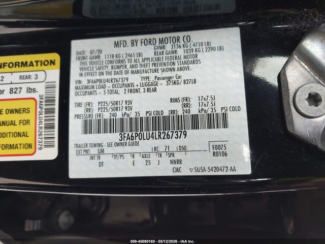 Aukcja sprzedaży 2020 Ford Fusion Hybrid Se, vin: 3FA6P0LU4LR267379, numer aukcji: 45090160