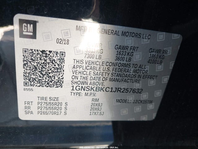 45090163 :رقم المزاد ، 1GNSKBKC1JR257632 vin ، 2018 Chevrolet Tahoe Lt مزاد بيع