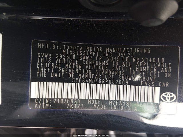 Aukcja sprzedaży 2024 Toyota Corolla Le, vin: 5YFB4MDE8RP082069, numer aukcji: 45090167