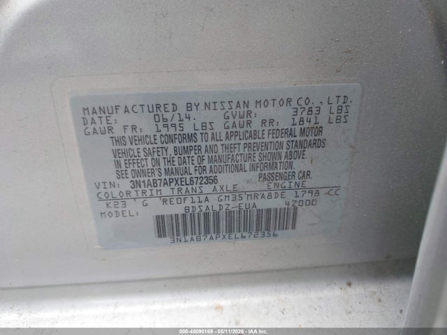 45090169 :رقم المزاد ، 3N1AB7APXEL672356 vin ، 2014 Nissan Sentra Fe+ S/fe+ Sv/s/sl/sr/sv مزاد بيع