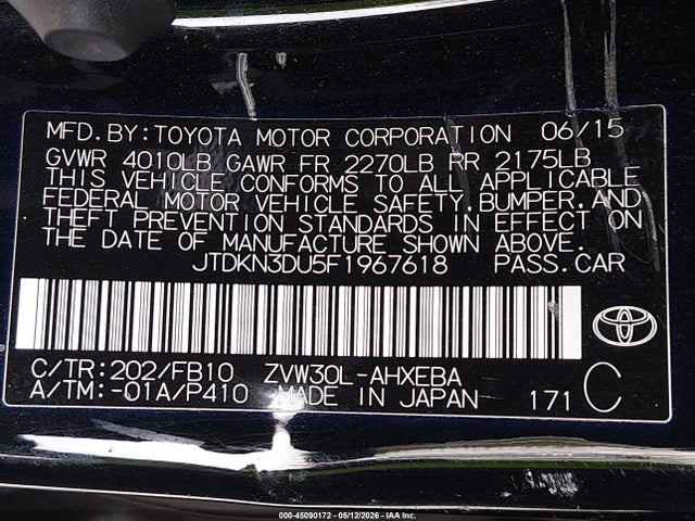 Toyota Prius Two 2015 JTDKN3DU5F1967618 Image 9