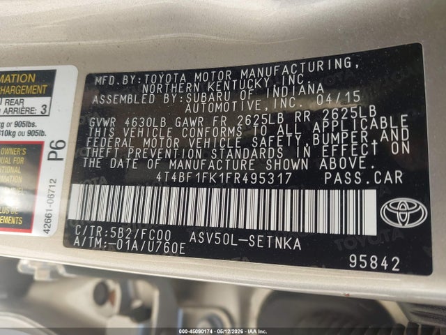 Продажа на аукционе авто 2015 Toyota Camry Le, vin: 4T4BF1FK1FR495317, номер лота: 45090174
