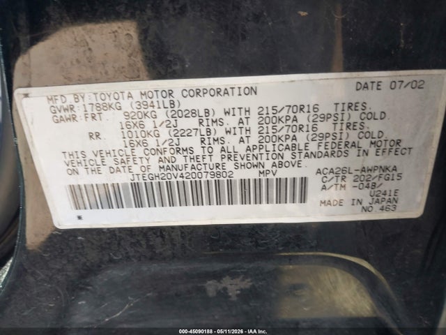 Aukcja sprzedaży 2002 Toyota Rav4, vin: JTEGH20V420079802, numer aukcji: 45090188