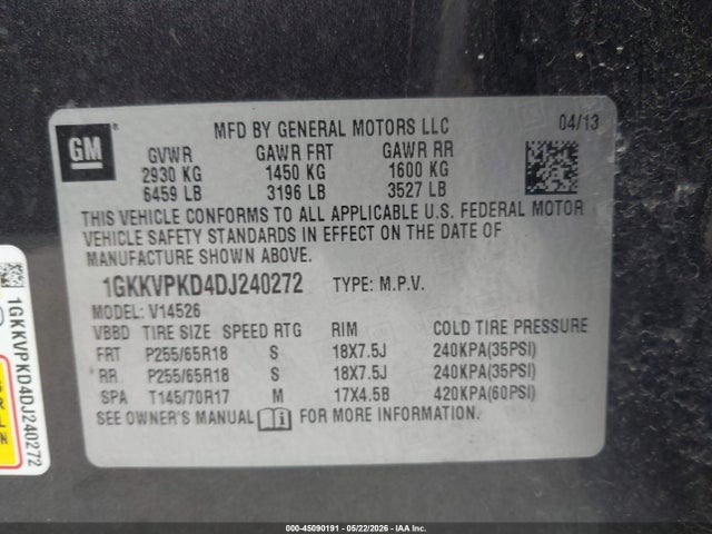 2013 Gmc Acadia Sle-2 მანქანა იყიდება აუქციონზე, vin: 1GKKVPKD4DJ240272, აუქციონის ნომერი: 45090191