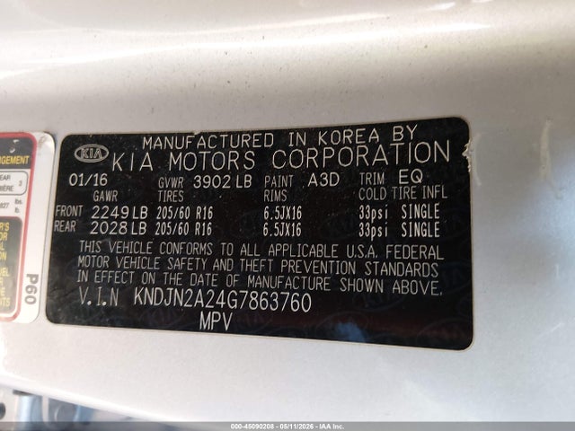 2016 Kia Soul მანქანა იყიდება აუქციონზე, vin: KNDJN2A24G7863760, აუქციონის ნომერი: 45090208