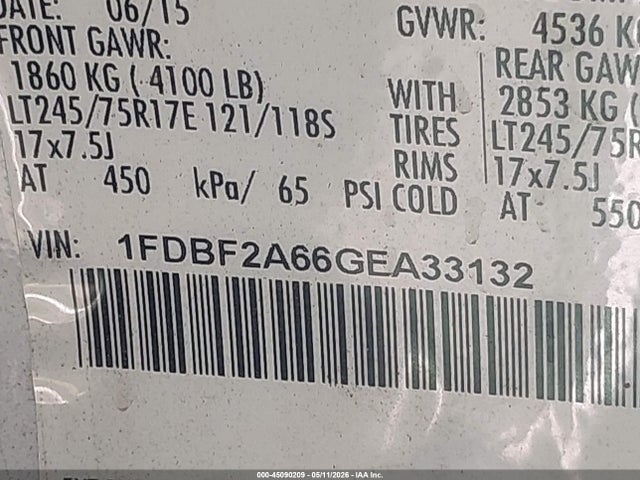 45090209 :رقم المزاد ، 1FDBF2A66GEA33132 vin ، 2016 Ford F-250 Xl مزاد بيع