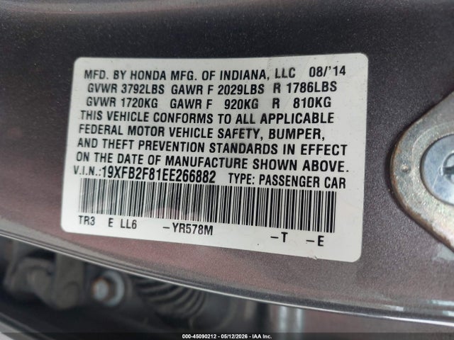 45090212 :رقم المزاد ، 19XFB2F81EE266882 vin ، 2014 Honda Civic Ex مزاد بيع