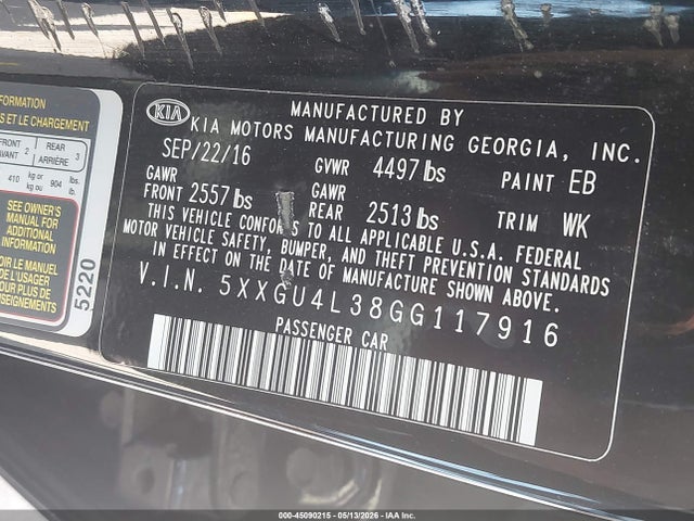 Aukcja sprzedaży 2016 Kia Optima Ex, vin: 5XXGU4L38GG117916, numer aukcji: 45090215