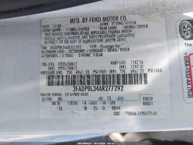 2010 Ford Fusion Hybrid მანქანა იყიდება აუქციონზე, vin: 3FADP0L34AR277292, აუქციონის ნომერი: 45090221