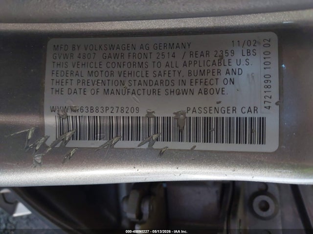 45090227 :رقم المزاد ، WVWTH63B83P278209 vin ، 2003 Volkswagen Passat Glx مزاد بيع