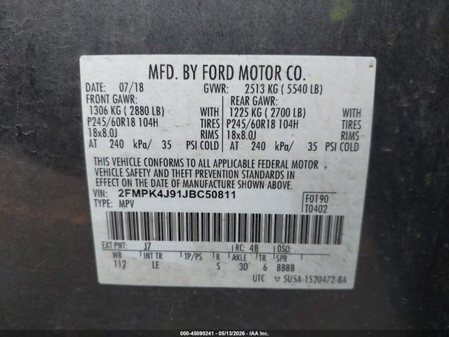 2018 Ford Edge Sel მანქანა იყიდება აუქციონზე, vin: 2FMPK4J91JBC50811, აუქციონის ნომერი: 45090241