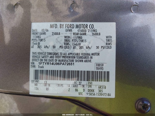 Продажа на аукционе авто 2006 Ford Ranger Sport/stx/xl/xlt, vin: 1FTYR14U96PA72651, номер лота: 45090250