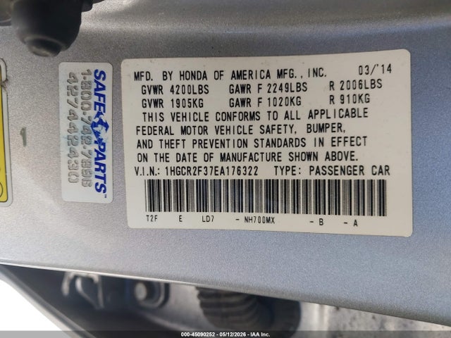 45090252 :رقم المزاد ، 1HGCR2F37EA176322 vin ، 2014 Honda Accord Lx مزاد بيع