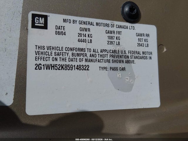 45090260 :رقم المزاد ، 2G1WH52K859148322 vin ، 2005 Chevrolet Impala Ls مزاد بيع