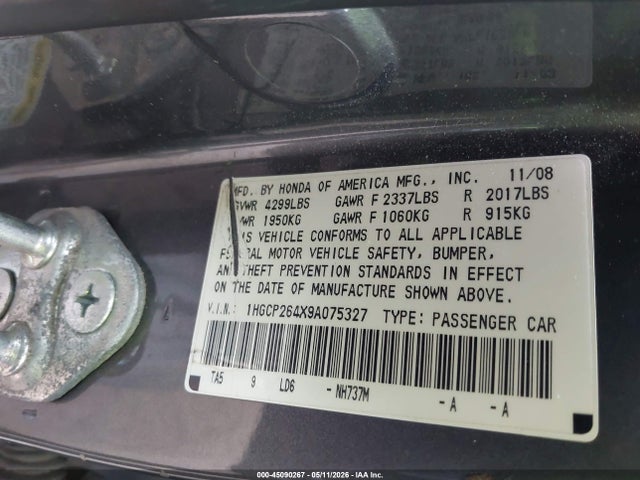 Aukcja sprzedaży 2009 Honda Accord 2.4 Lx-p, vin: 1HGCP264X9A075327, numer aukcji: 45090267