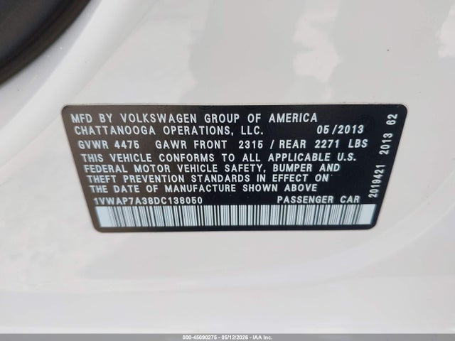 Продажа на аукционе авто 2013 Volkswagen Passat 2.5l Wolfsburg Edition, vin: 1VWAP7A38DC138050, номер лота: 45090275