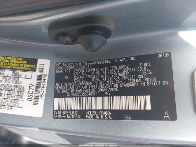 Продажа на аукционе авто 2005 Toyota Sienna Xle, vin: 5TDZA22CX5S348349, номер лота: 45090279