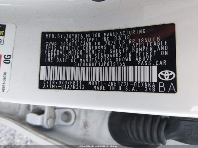 Продаж на аукціоні авто 2018 Toyota Corolla Le, vin: 5YFBURHE1JP819155, номер лоту: 45090285