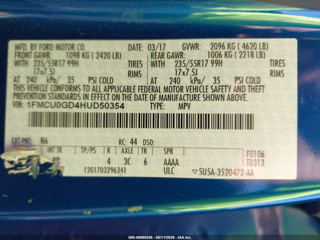 45090286 :رقم المزاد ، 1FMCU0GD4HUD50354 vin ، 2017 Ford Escape Se مزاد بيع