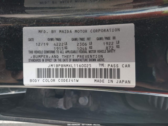 45090295 :رقم المزاد ، JM1BPBNMXL1160025 vin ، 2020 Mazda Mazda3 Premium Package مزاد بيع