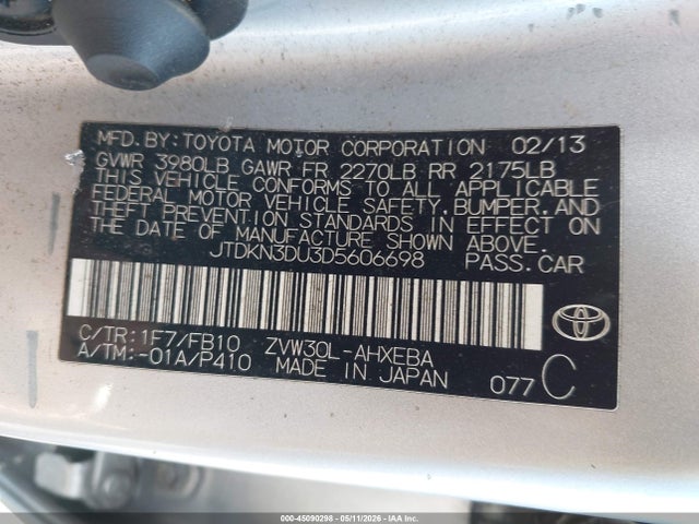 45090298 :رقم المزاد ، JTDKN3DU3D5606698 vin ، 2013 Toyota Prius Two مزاد بيع