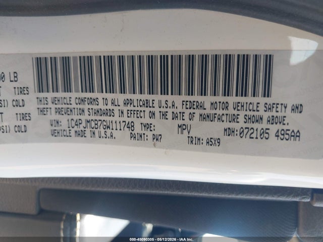 2016 Jeep Cherokee Latitude მანქანა იყიდება აუქციონზე, vin: 1C4PJMCB7GW111748, აუქციონის ნომერი: 45090305