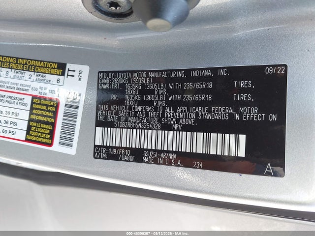 Toyota Highlander Le 2022 5TDBZRBH5NS254328 Image 9
