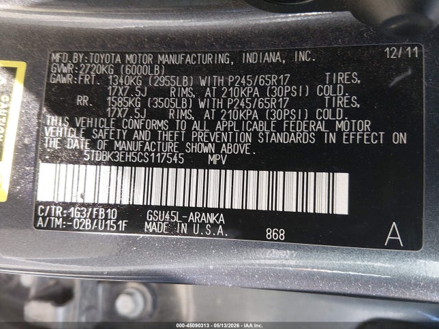 Продаж на аукціоні авто 2012 Toyota Highlander Base V6, vin: 5TDBK3EH5CS117545, номер лоту: 45090313