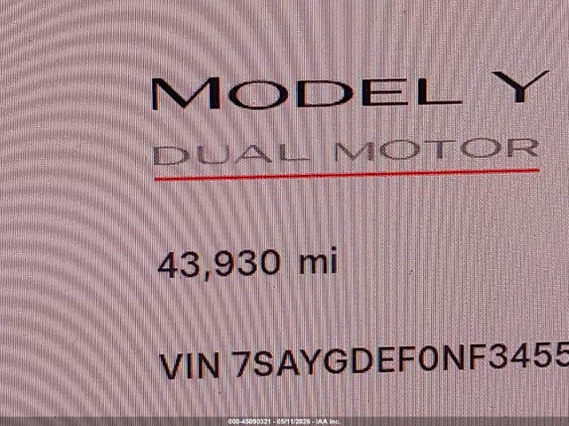 2022 Tesla Model Y Performance Dual Motor All-wheel Drive მანქანა იყიდება აუქციონზე, vin: 7SAYGDEF0NF345589, აუქციონის ნომერი: 45090321