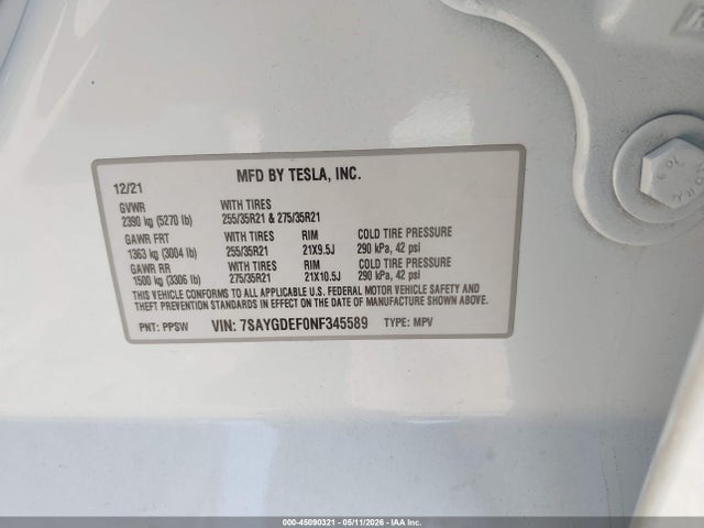 2022 Tesla Model Y Performance Dual Motor All-wheel Drive მანქანა იყიდება აუქციონზე, vin: 7SAYGDEF0NF345589, აუქციონის ნომერი: 45090321