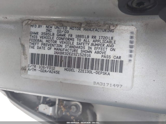 2003 Toyota Corolla S მანქანა იყიდება აუქციონზე, vin: 1NXBR32E23Z152816, აუქციონის ნომერი: 45090324
