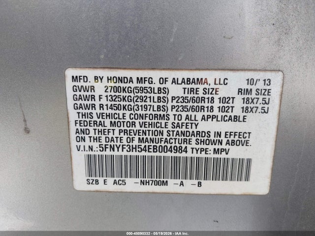 Продажа на аукционе авто 2014 Honda Pilot Ex-l, vin: 5FNYF3H54EB004984, номер лота: 45090332