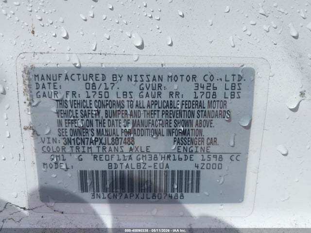 3N1CN7APXJL807488 Nissan Versa 1.6 Sv