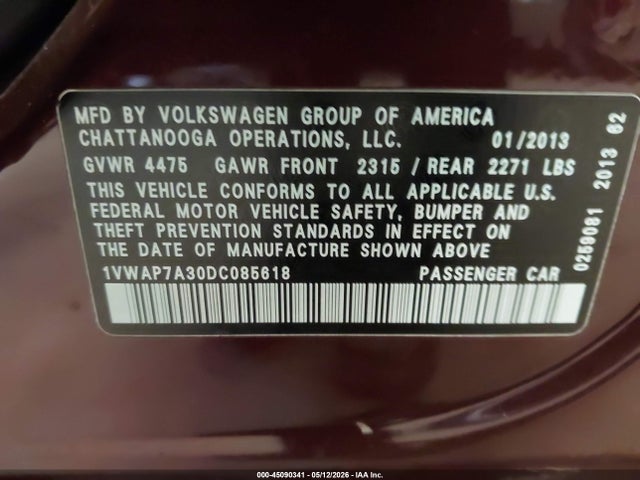 45090341 :رقم المزاد ، 1VWAP7A30DC085618 vin ، 2013 Volkswagen Passat 2.5l S مزاد بيع