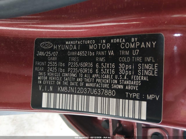 45090352 :رقم المزاد ، KM8JN12D37U637880 vin ، 2007 Hyundai Tucson Limited/se مزاد بيع