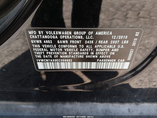 45090355 :رقم المزاد ، 1VWCN7A33EC058882 vin ، 2014 Volkswagen Passat 2.0l Tdi Sel Premium مزاد بيع
